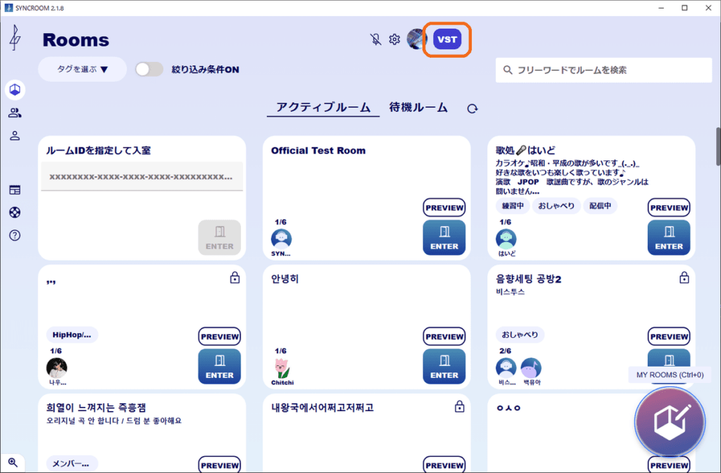 SYNCROOMがVSTモードで起動していることを確認する画面
