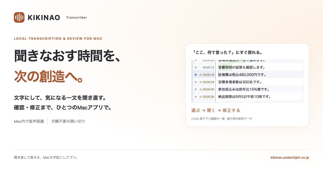 Mac文字起こしアプリ「KIKINAO」発売、聞き直し修正と数値確認に対応