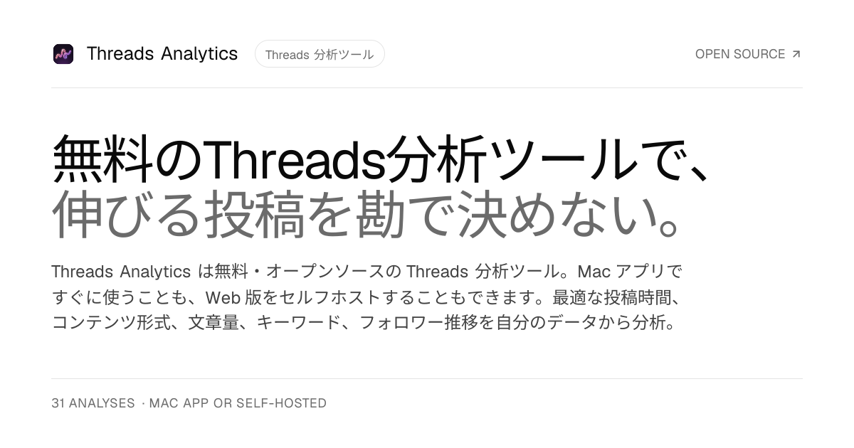 Threads Analytics v1.0.0公開、31種の分析チャートとMac版を備えた無料OSS