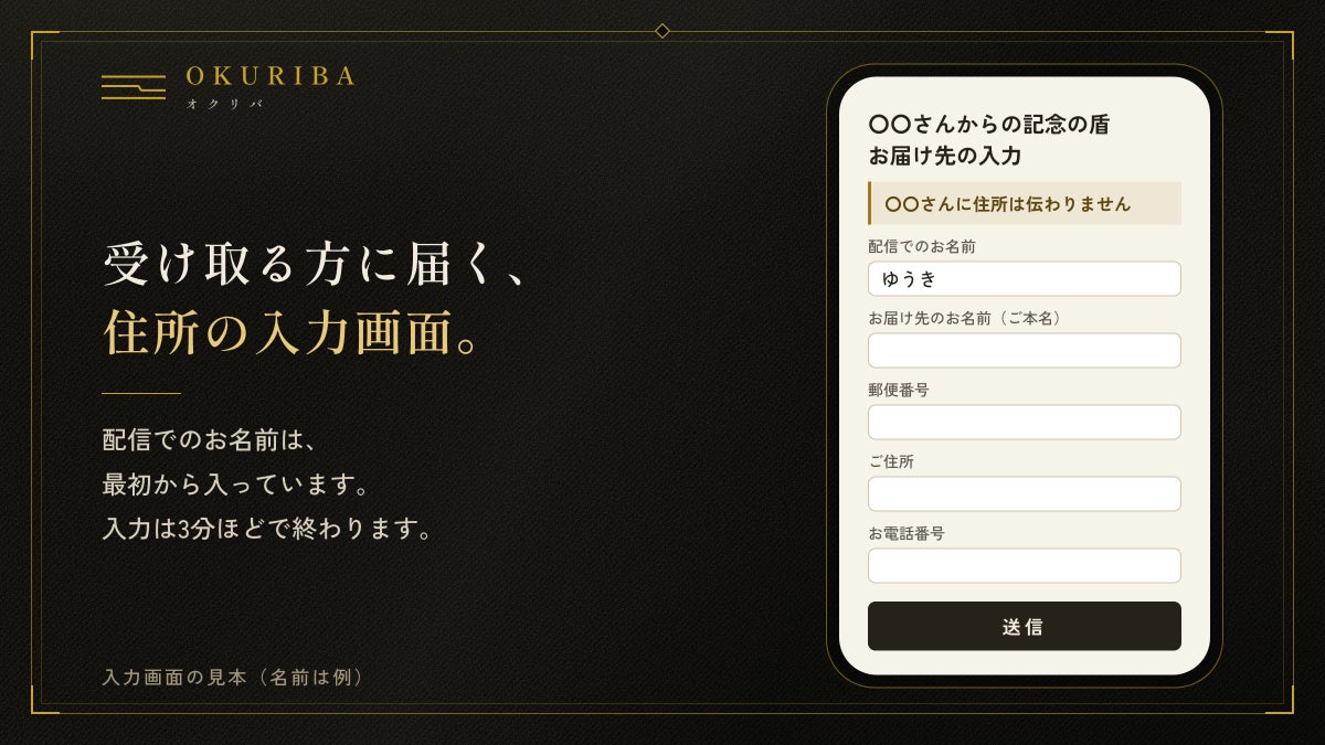 画像: 株式会社ヨカクリエイト(PR TIMES)より(受け取る方に届く住所の入力画面(見本・名前は例))
